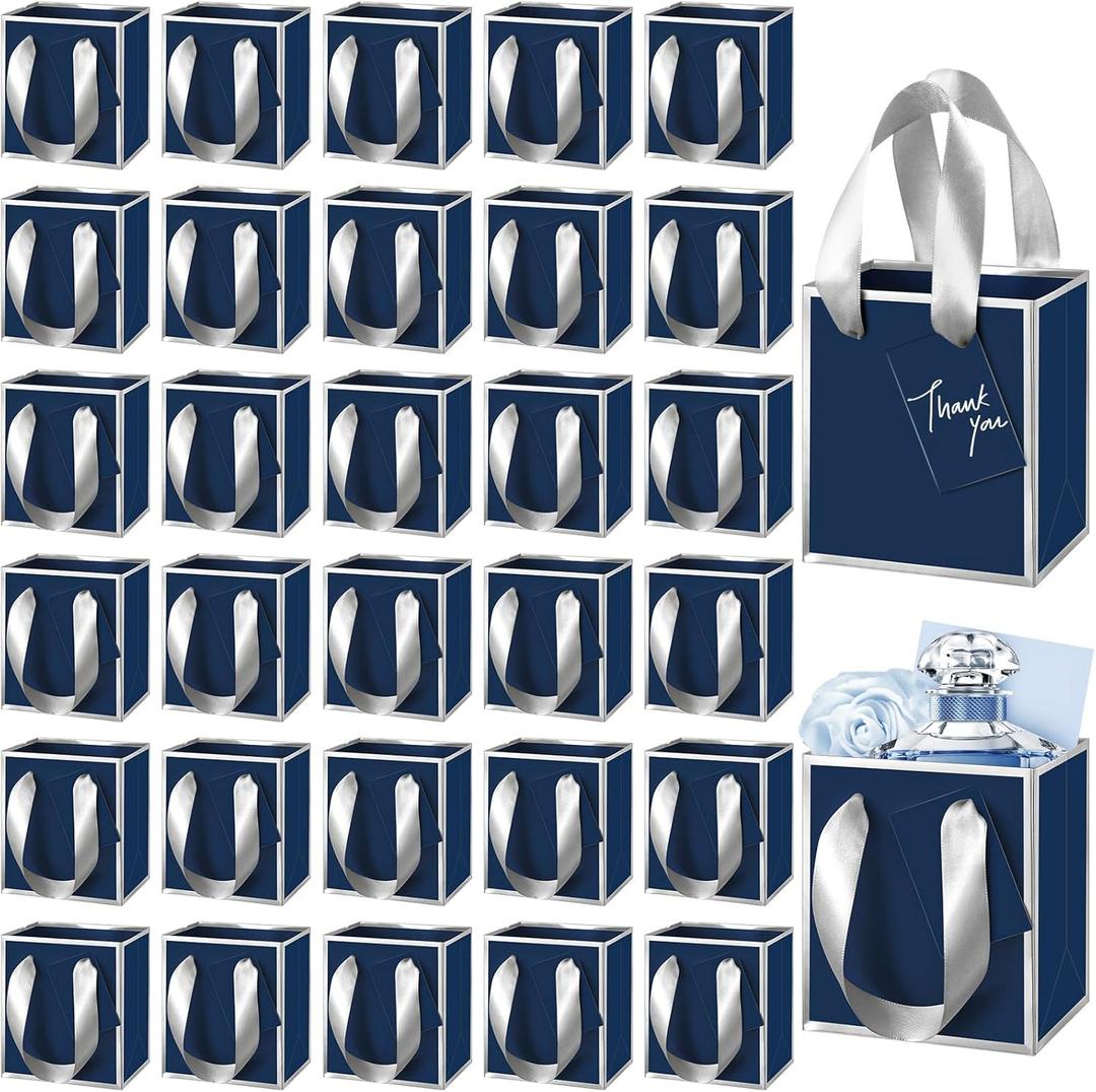 Yeaqee 50 Pcs Mini Metallic Paper Gift Bags with Handles 4x2.75x4.5'' Tiny Small Gift Bags with Thank You Tag for Wedding Graduation Birthday Party Return Gifts Jewelry Business (Navy Blue,Silver)