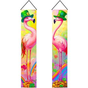 12x71 Inch St Patricks Day Flamingo Door Banners Pink Bird Porch Signs with Clover and Rainbow Holiday Entryway Decoration for Indoor Outdoor Front Door Seasonal Hanging Couplets