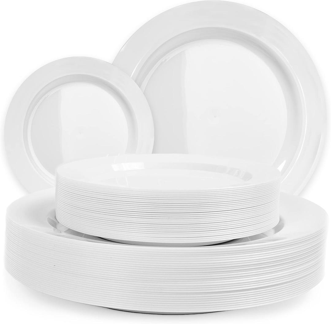 Pack of 60 White Plastic Plates - Aya's Heavy Duty Disposable Set of 30 Dinner and 30 Salad Plates - Durable Round Plastic Dinnerware Set for Parties and Events