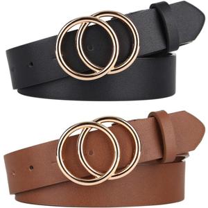 UnFader Pack 2 Women Belts for Jeans with Fashion Double O-Ring Buckle and Faux Leather (S: Fits Waist Size from 25"-30")