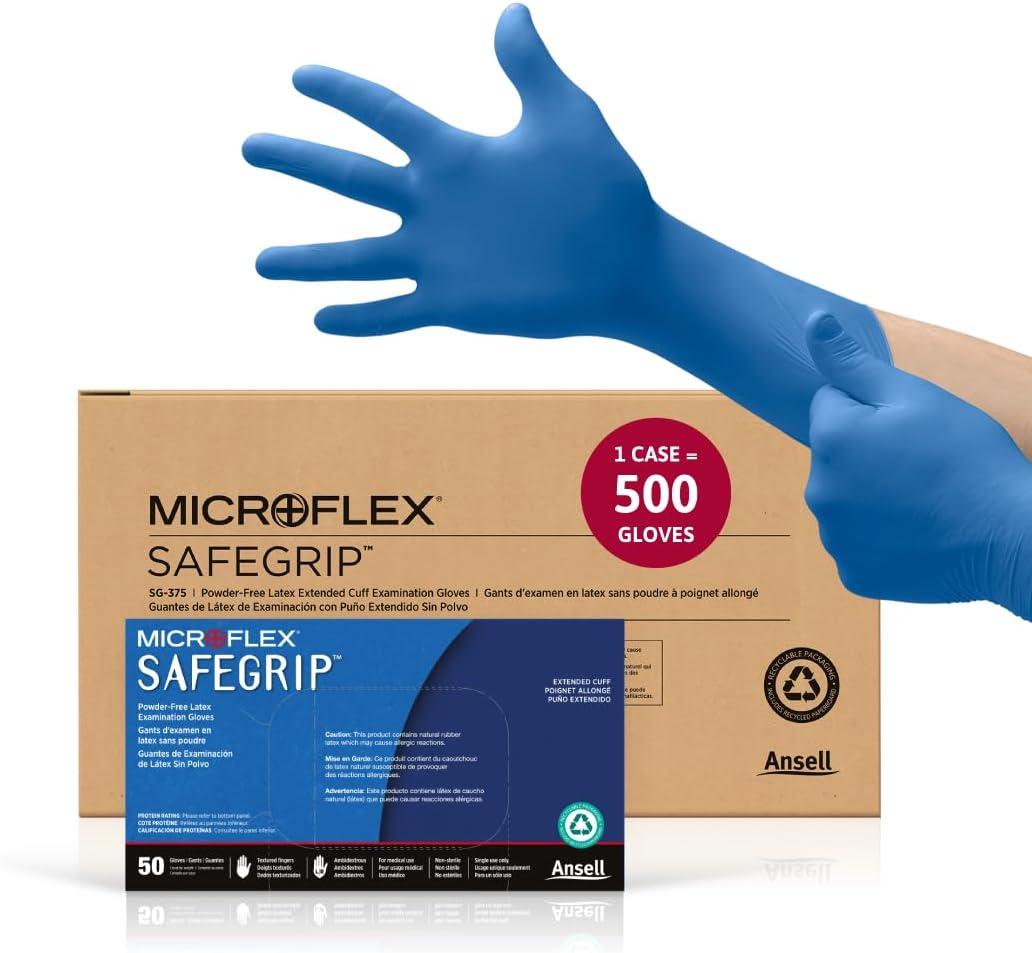 Ansell Microflex SafeGrip SG-375 Extra Thick Disposable Latex Gloves for Life Sciences, Automotive w/Textured Fingertips (Large (Pack of 500))