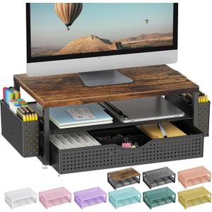 gianotter Wood Monitor Stand Riser, Office Desk Shelf Organizer, Desk Organizer with Drawer and Pen Holder, 2-Tier Computer Stand, Office Organization (Wood)