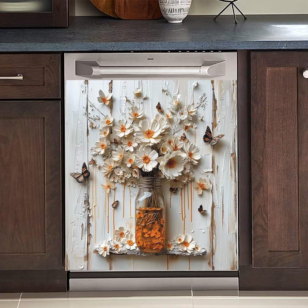Magnetic 3D Daisy Butterfly Dishwasher Panels Sticker Kitchen Decorate,Personality Decor Refrigerator Door Manget Cover Sheet,Flower Fridge Mangets Decals 23"" x 26"", Rimyy40-2 (23" x 26" Magnetic)