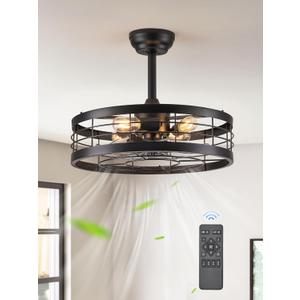 LEDIARY 20 inch Fandelier Caged Ceiling Fan with Light, Bladeless Ceiling Fan with Remote, Farmhouse Fan Lights Ceiling Fixtures for Kitchen, Bedroom, Outdoor(6 Speed, Timing)-Black (20 Inch, Black)