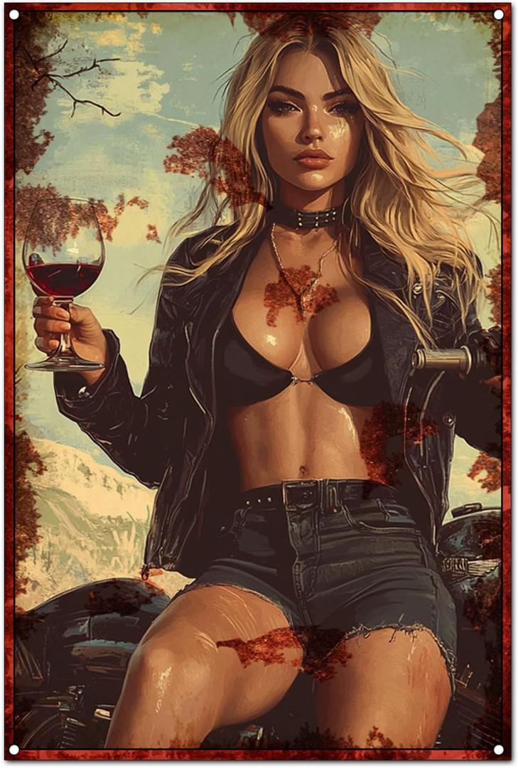 Original Vintage Design Wall Art Print Poster,Hot Girl A Motorcycle And, Funny Retro Classic Art Wall Decoration, Garage Bar Tin Metal Signs Artwork