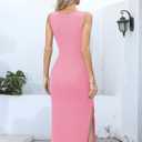 Missufe Women's Round Neck Sleeveless Tie Waist Knit Side Slit Slim Tank Midi Dress (Pink)