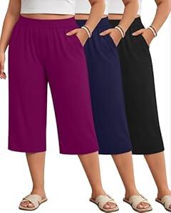 Huukeay 3 Pack Women's Plus Size Capri Pants Loose Fit Wide Leg Capris Sweatpants Summer High Waisted Yoga Pants with Pockets(Black, Navy Blue, Fuchsia, 4X-Large)