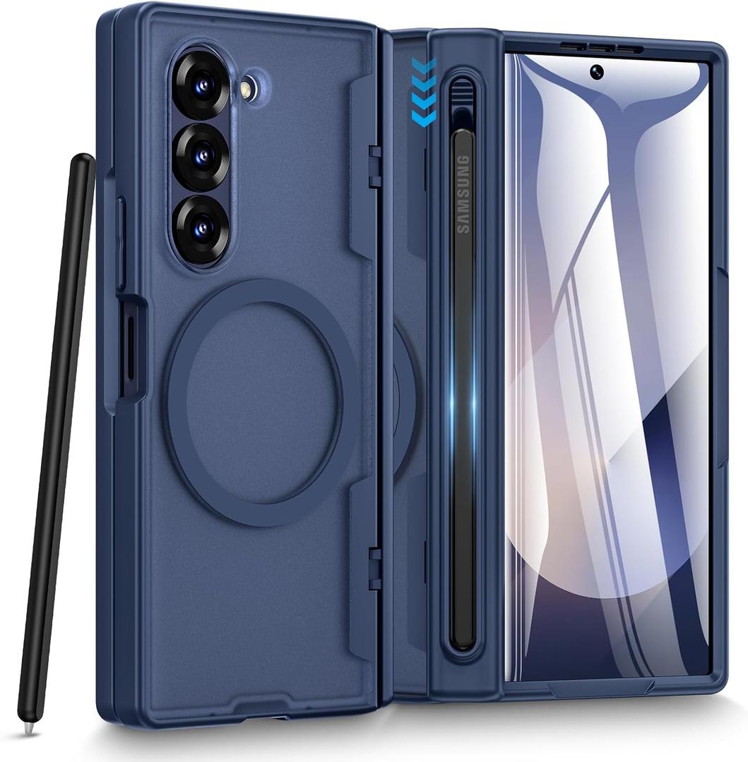 Caka for Samsung Galaxy Z Fold 6 Case [Thinner S Pen Holder Slot] [Magnetic Charging] [Hinge Protection] [Built-in Screen Protector] Translucent Hard Shockproof Magnet Phone Cover for Zfold 6 - Blue