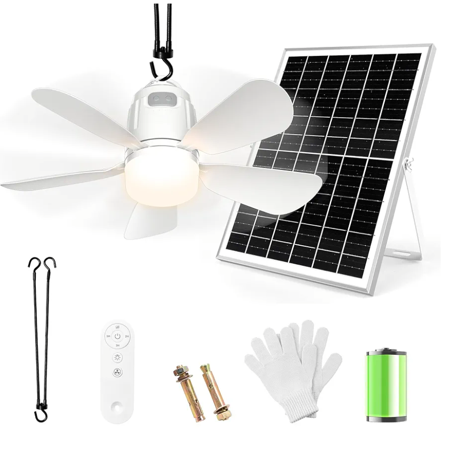 Solar Ceiling Fan Light, 20000mAh Portable Gazebo fan with 30W Solar Powered Fan with Remote Control, Outdoor Ceiling Fan with Light for Patios, Canopy, Shed, RV, Porch and Chicken Coop