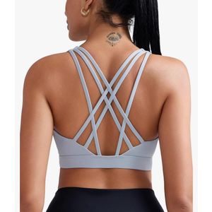 RUNNING GIRL Sports Bras for Women, Medium-High Impact Running Strappy Sports Bra with Removable Pads (L, Grey)