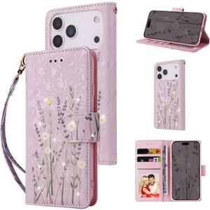 UEEBAI Wallet Case for iPhone 17 Pro Max, PU Leather Phone Cover Kickstand RFID Blocking Flip Case Card Slots Wrist Strap Relief Engraved Pattern Magnetic Closure Flower Folio Wallet, Lavender