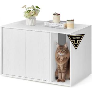 SONGMICS HOME Cat Litter Box Enclosure, Superfast Toolless Assembly, Litter Box Furniture for Large Cats, Display Side Table, Push-to-Open Doors, Minimalist Modern, Snow White UPCL013W01