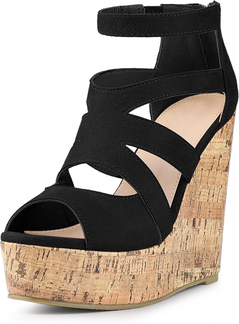 Allegra K Women's Platform Peep Toe Cutout Caged Cork Wedge Heel Sandals (Size 8.5)