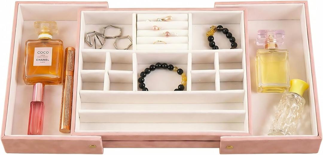 Jewelry Organizer for Drawer, Retractable Jewelry Drawer Organizer Inserts, Leather Storage Display Case Storage Containers Box in Dresser