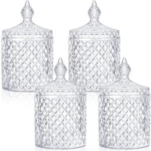 Aoriher 4 Pcs Crystal Glass Candy Jar Set with Lids Home Decorative Storage Jars for Apothecary, Bathroom, Kitchen, and Pantry, Ideal for Cotton Swabs and Jewelry(Medium,Clear)