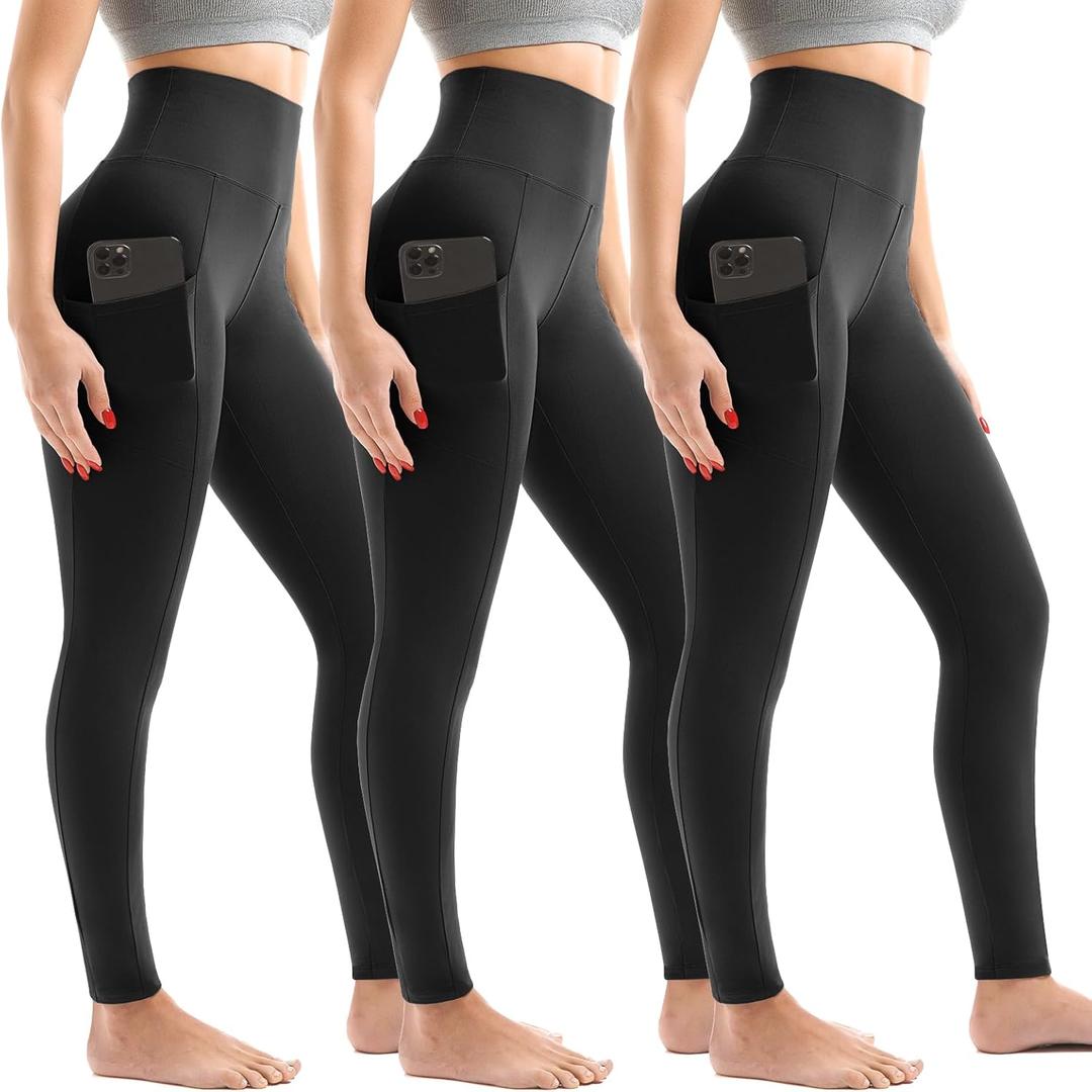 Leggings with Pockets for Women 3 Pack, High Waist Womens Leggings (Large-X-Large, Black/Black/Black)