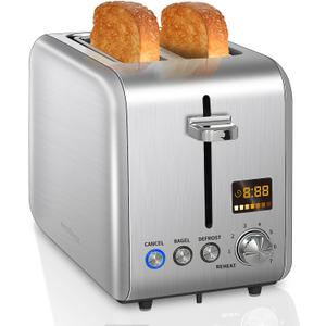 SEEDEEM 2 Slice Toaster - Stainless Steel With Color LCD Display, 7 Bread Shade Settings, 1.4'' Wide Slots, Bagel/Defrost/Reheat Functions, Removable Crumb Tray, 900W, Silver Metallic (6.1*10.6*7.4)