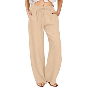FireSwan Womens Palazzo Pants Casual Drawstring Flowy Pants Wide Leg Summer Beach Linen Trousers with Pockets (Medium, Light Khaki)