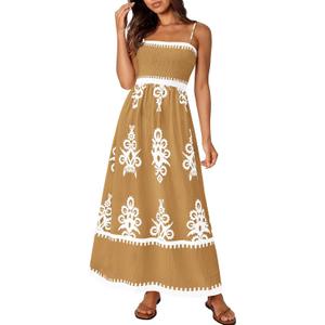 PRETTYGARDEN Summer Dress for Women 2026 Floral Sundress Spaghetti Strap Flowy Beach Vacation Boho Maxi Dresses (Beige, M)