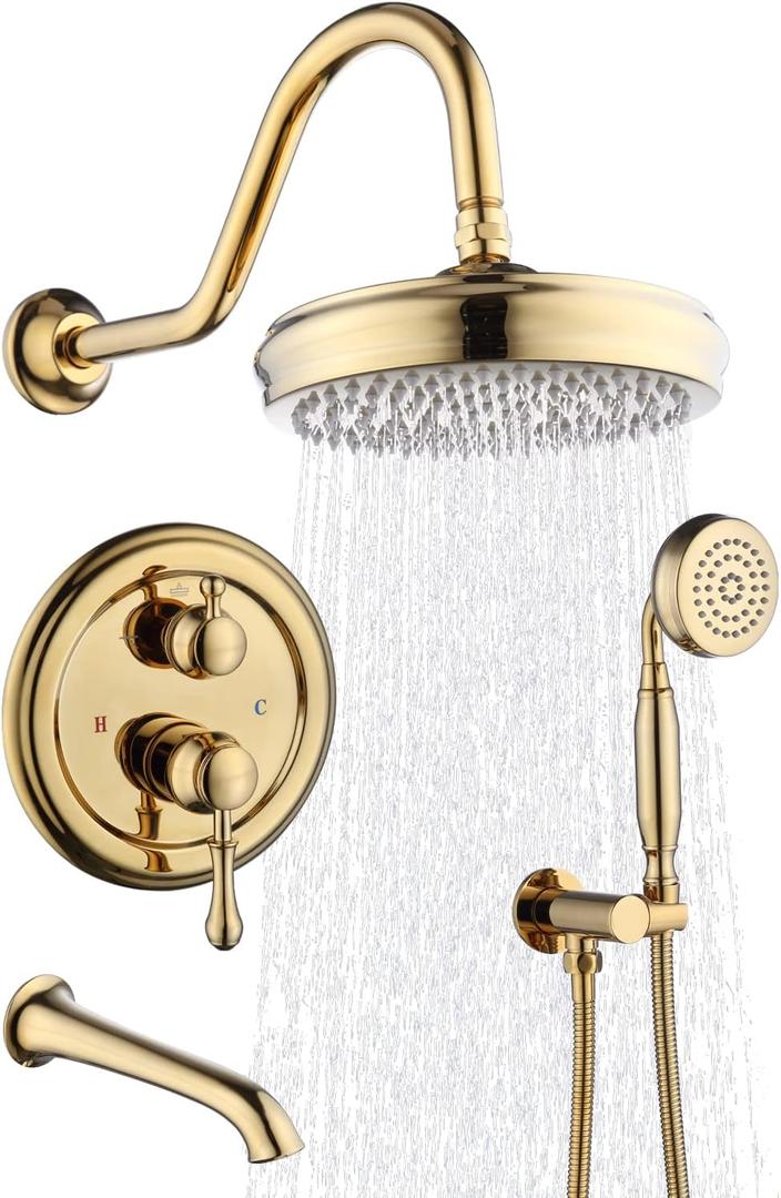 Enga Brass Shower Faucet Set with Tub Spout, 8" Rain Shower Head, Handheld Spray Combo, 3 Way Diverter Antique Bathtub Shower Faucet Set, Bright Gold