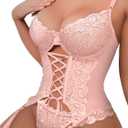 Lilosy Sexy Lace Push Up Corset Garter 3 Piece Lingerie Set (Pink, M)