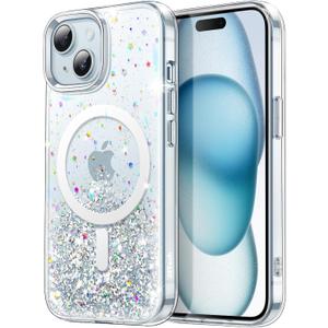 JETech Glitter Case for iPhone 15 6.1-Inch Compatible with MagSafe, Clear Cute Bling Sparkle for Women and Girls, Shiny Shockproof Magnetic Sparkly Phone Cover (Clear)