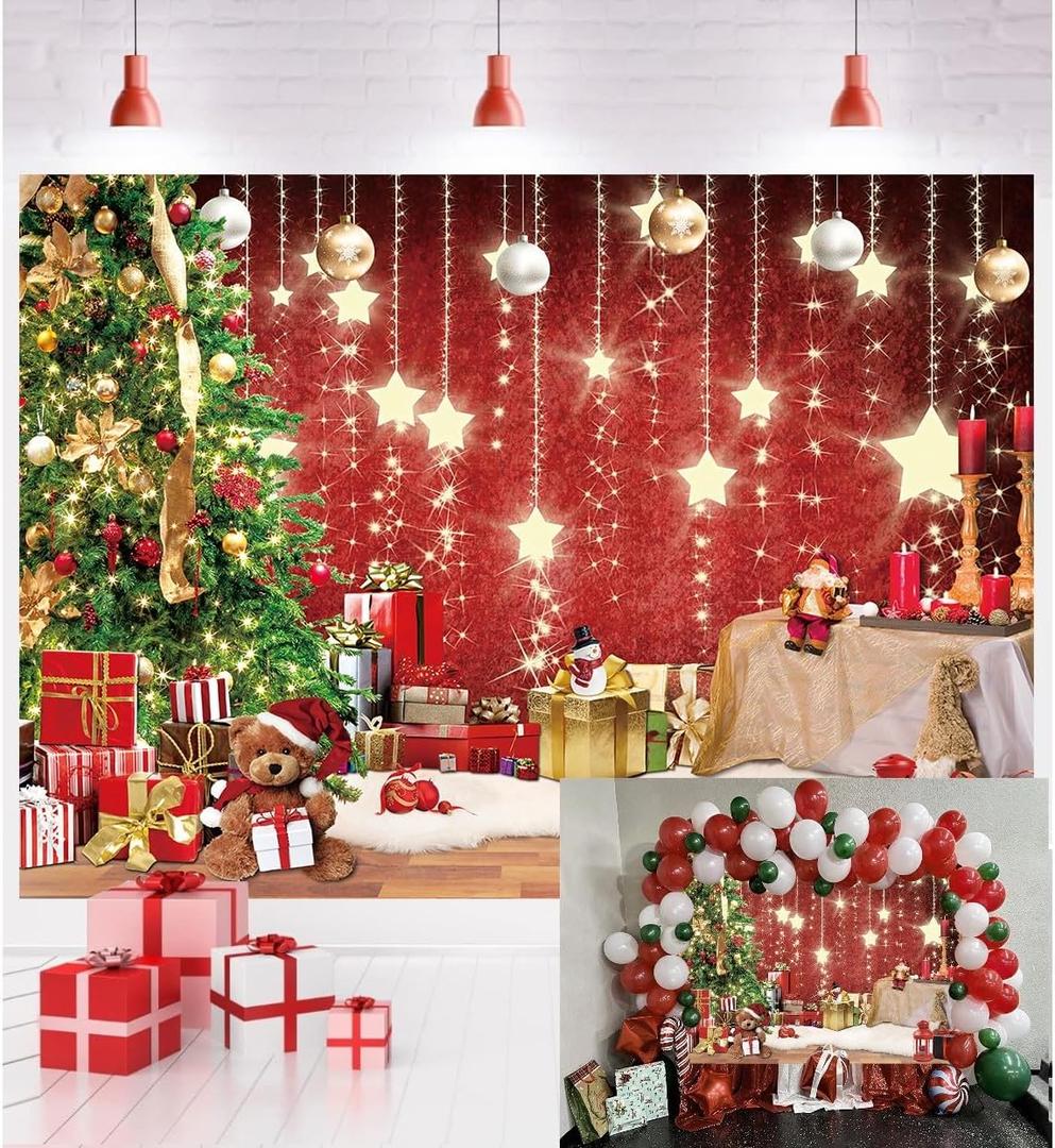 Red Christmas Backdrop Xmas Tree Shining Stars Gold Ball Santa Claus Photo Background Holiday Family Christmas New Year Birthday Party Decoration 7x5FT