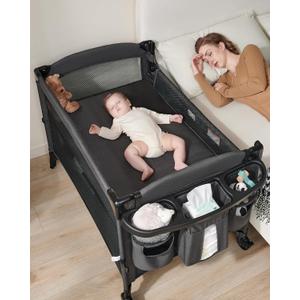 AirClub 4 in 1 Baby Bassinet Bedside Sleeper, 4 Functions Crib, Playard, Portable Changing Table, Bassinet for Newborn Baby, Bedsaide Bed w/Wheels&Brakes (Black)