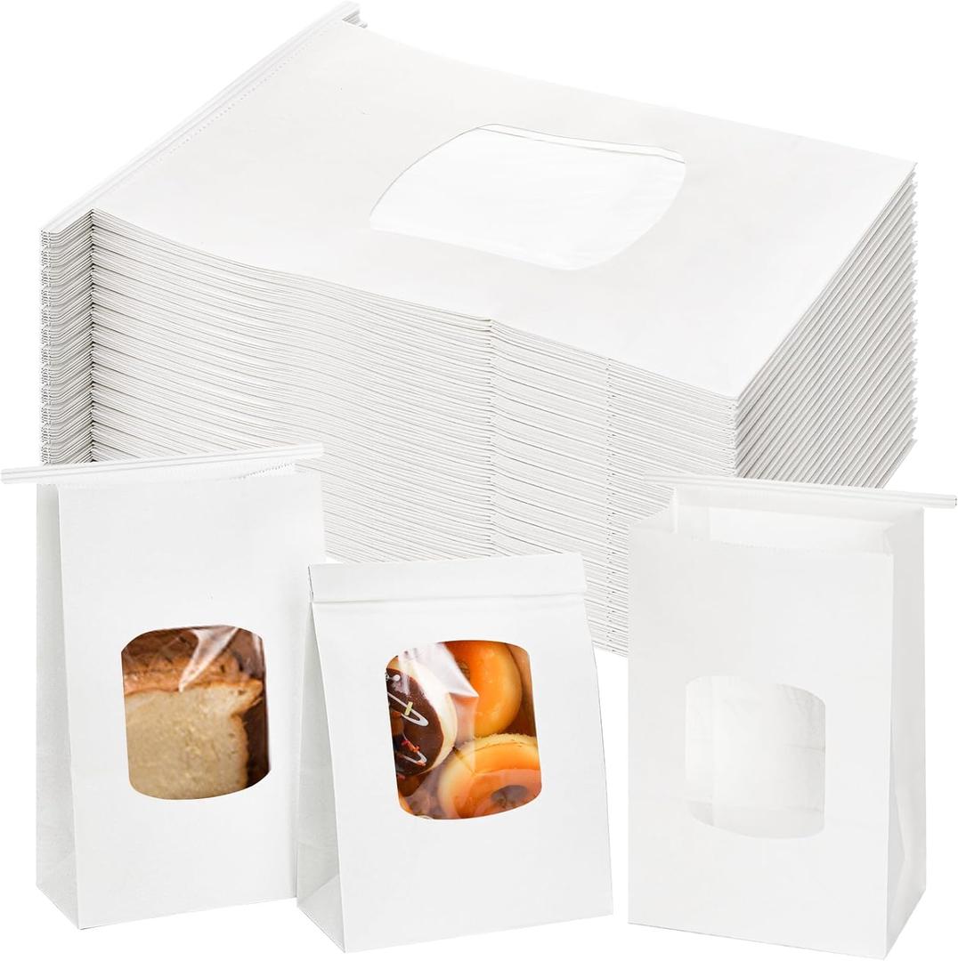 Okllen 100Pcs Bakery Bags with Window, 6x3x9 Inches White Tin Tie Tab Lock Kraft Paper Bags for Cookies, Coffee Beans