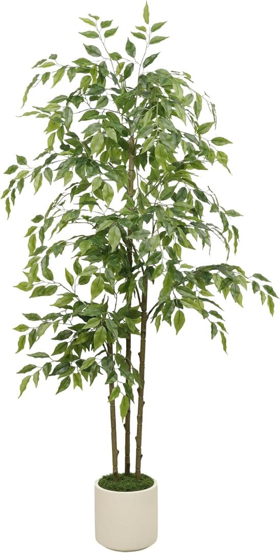 5ft Artificial Ficus Tree with Triple Trunk & White Planter Faux Ficus Tree | Lifelike Faux Ficus Tree with Natural Wood Trunks, Tall Fake Potted Plant for Indoor Living Room Home Office Corner Decor