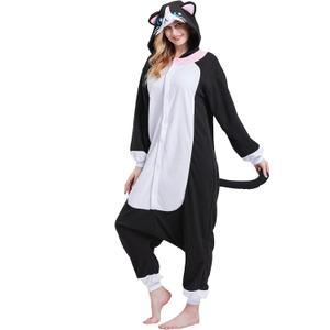 Skeleton Adult Animal Onesie Pajamas Unisex Fleece Cosplay Costume Sleepwear for Halloween & Home Wear (Black Cat, XL)