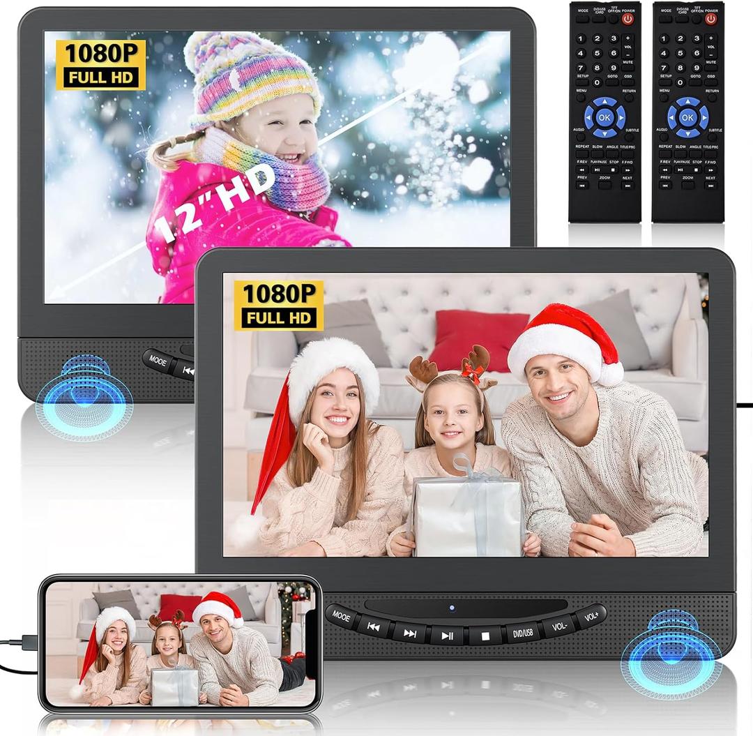 Portable Car DVD Player with Dual Screens - 12 Inch Full HD Headrest Monitors for Long Road Trips, Keep Kids Entertained with Separate Movie Playback