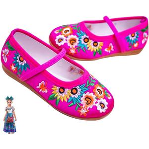 Princess Costume Shoes for Girls Gorgeous Mary-Jane Ballet Pumps Comfortable Low Heel Round Toe Flats Floral Embroidery Shoes (9.5 Toddler, Rose)