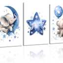DULASI Set of 3 Gallery Wrapped Canvas Prints, Baby Boy Nursery Decor, Watercolor Moon Star Elephant Wall Art, Ready to Hang Nursery Decorations, Blue Kids Room Wall Art Blue Elephant, 16x24in - Wrapped Canvas