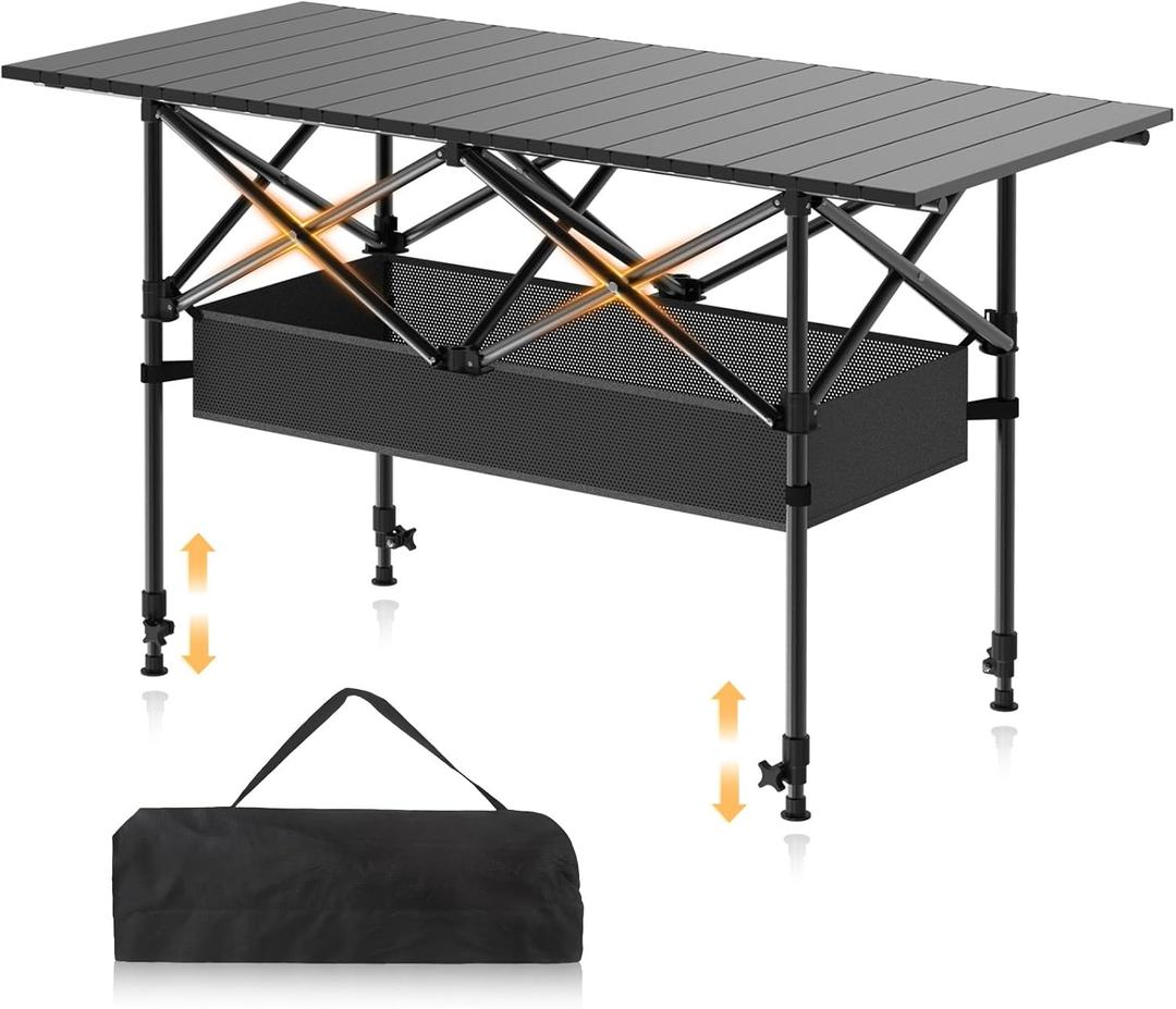 Camping Table Portable, Folding Roll-Up Picnic Table with Carry Bag & Detachable Storage Pockets, Lightweight Outdoor Table for Camping, Beach, Backyard, Party, BBQ, Patio