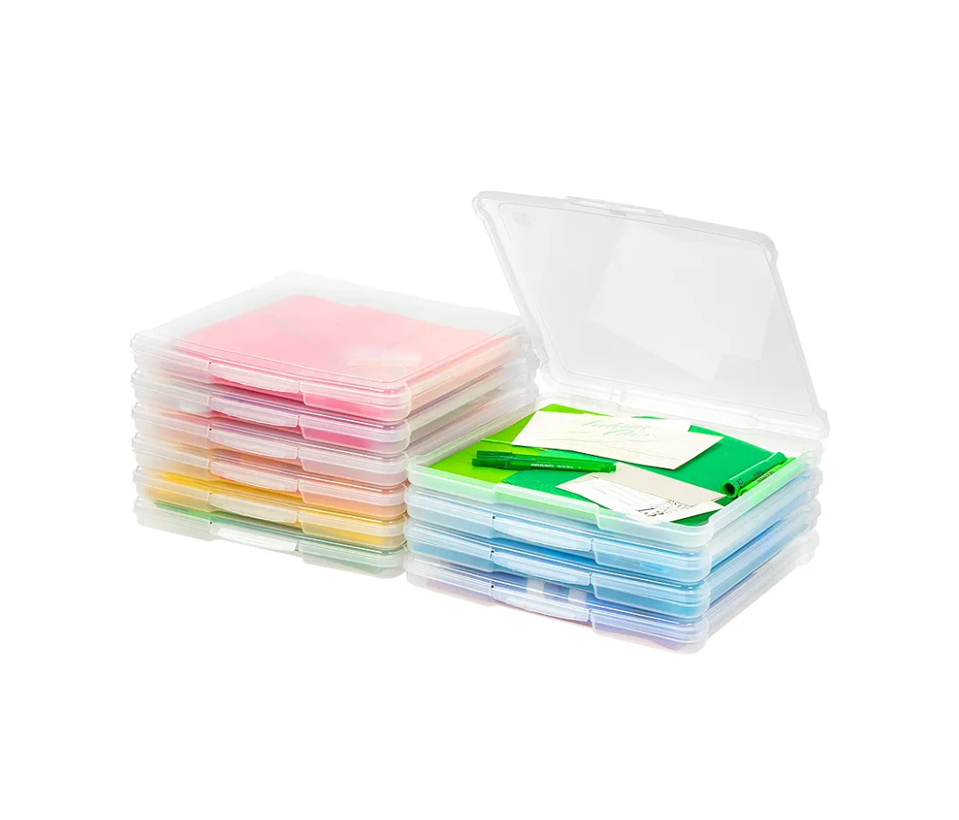 IRIS USA Fits 12" x 12" Paper, 10-Pack Thin Portable Plastic Scrapbook Paper Storage Cases Organizers with Built-in Handle for Art and Craft Supplies, Office Document, Stationery, Photo - Clear