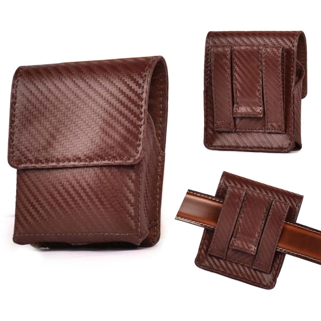 LEATHER VILLAGE Carbon Fiber Genuine Leather Flip Phone Holster with Belt Clip Universal Cell Phone Pouch for Samsung Galaxy Z Flip 6/Z 5/ Galaxy Z 4/ Z 3 5G/ Motorola Moto Razr 2024- Tan