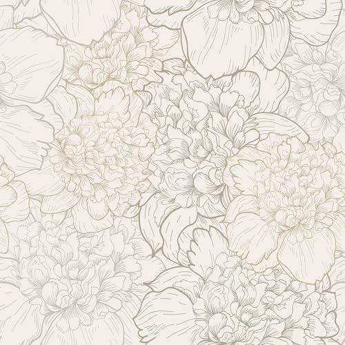 VEELIKE Boho Floral Peel and Stick Wallpaper Vintage Sketch Peony Floral Wallpaper for Girls Bedroom Nursery Bathroom 17.7''x354'' Self Adhesive Flower Contact Paper for Cabinets Removable Wall Paper