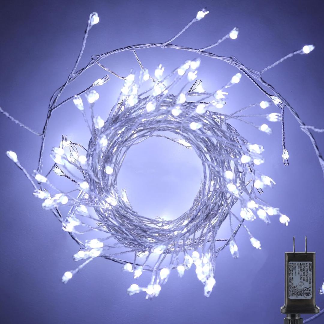 Fairy Lights Plug in, 10Ft 200LED Firecracker Firefly Lights with 8 Mode, Waterproof Silver Wire Cluster Starry String Lights for Ceiling Bedroom Window Wedding Christmas Tree Decoration, Pure White