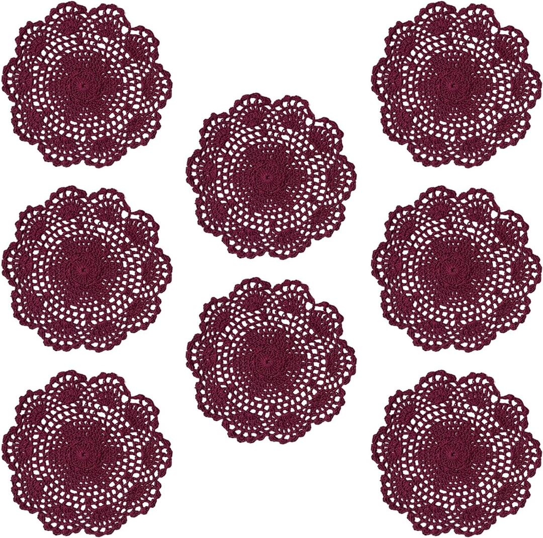 Phantomon 8 Inch Doilies Crochet Round Lace Doily Handmade Placemats 100% Cotton Crocheted Coasters, Flower Design, Pack of 8 (Burgundy)