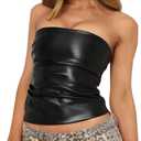 PU Leather Tube Top Strapless for Women Sexy Bandeau Vest Ruched Bustier Crop Top Streetwear (Black, M)