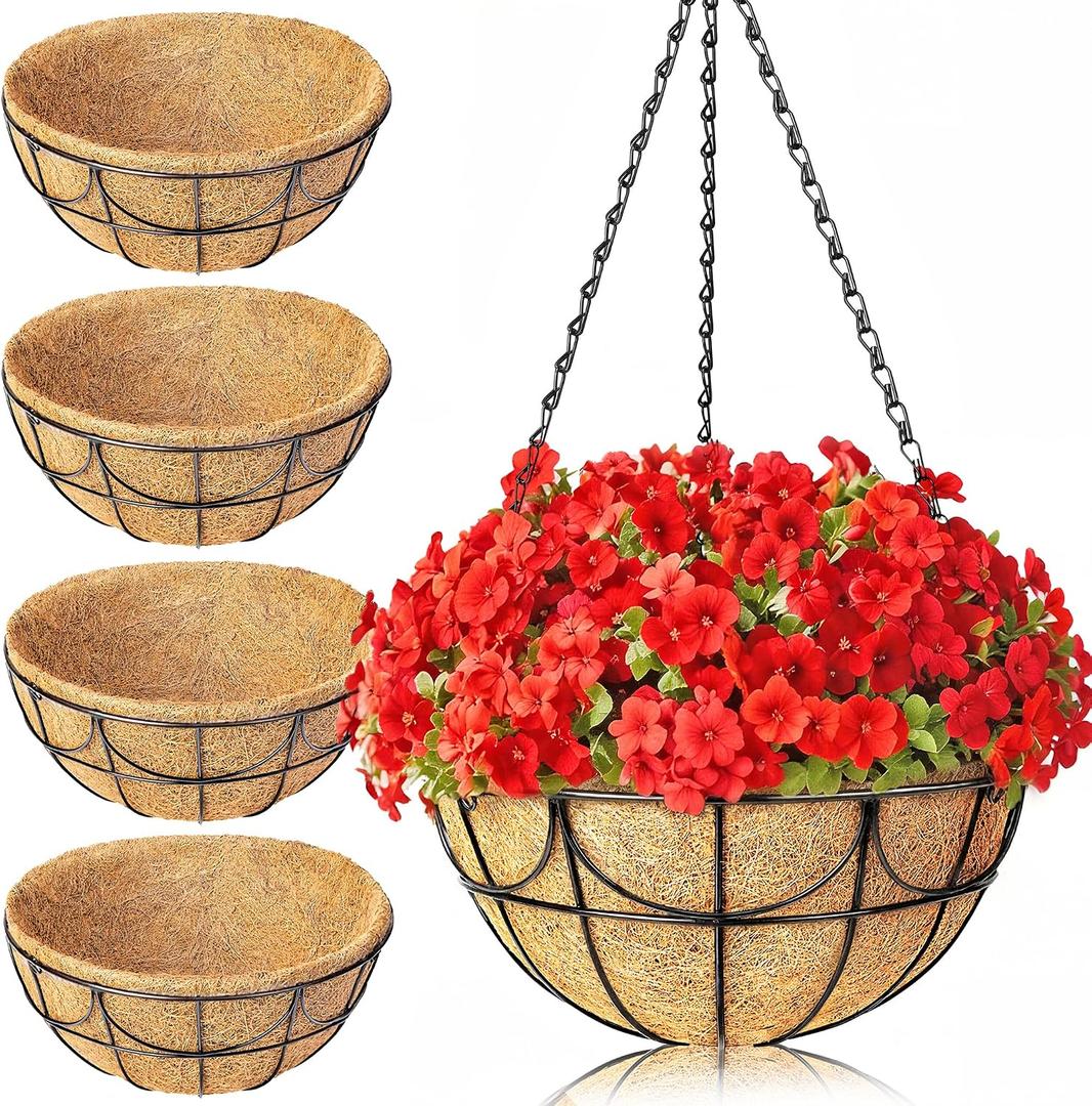 13.5 Inch 4 Pack Hanging Baskets Planters for Outdoor Plants - Wire Hanging Baskets Plant for Plants Outdoor with Coco Liners Minimalist Metal Hanging Pots for Outside Garden Patio Porch Decor