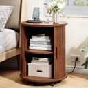 ONBRILL Round End Table with Charging Station, Mid Century Bedside Table with Sliding Door & 2 Tier Storage, Modern Nightstand for Living Room, Bedroom, Entryway, Walnut (Pack of 1)