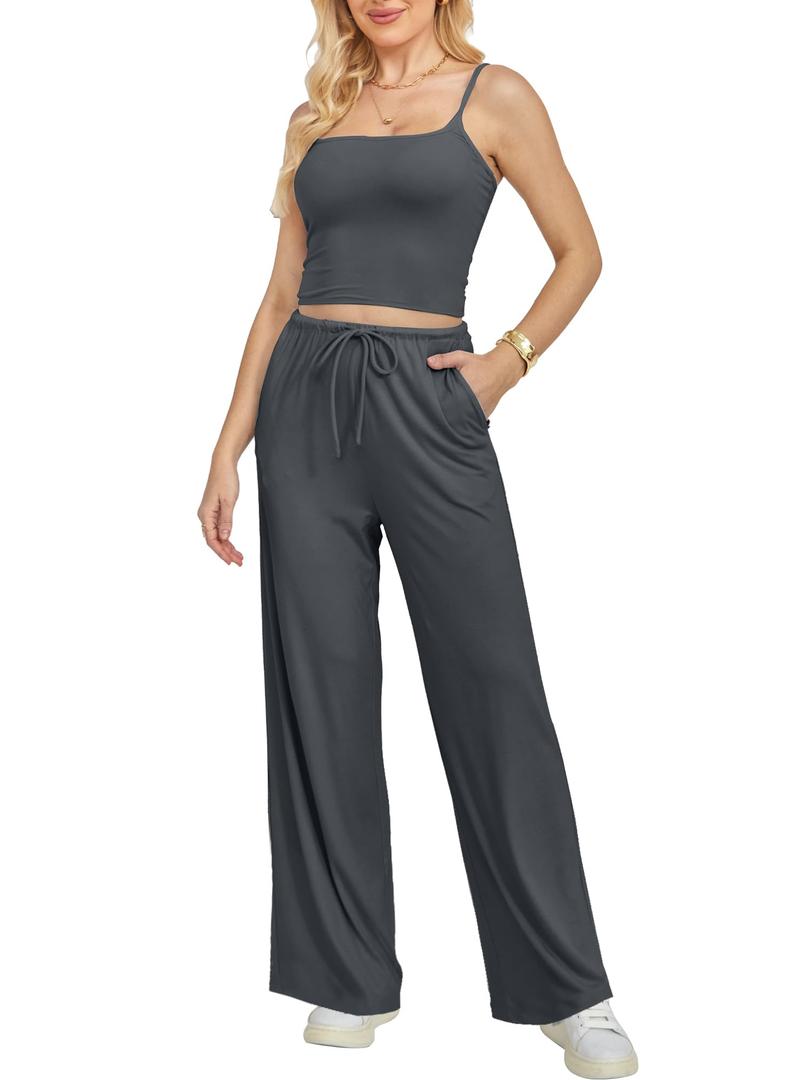 Yulaviniee Women 2 Piece Lounge Set Summer Outfits Top & Wide Leg Pants
