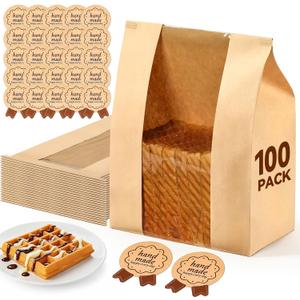 AOZITA 100 Pack Paper Bread Bags with Tin Tie Lock & Clear Window - Large Bakery Bags for Homemade Sourdough Bread, Cookies, Snacks Storage 14"x8.3"x3.5" Includes Seal Stickers