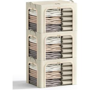 3 Openings Clothes Storage Bins with Metal Frame, Foldable Storage Bin for Clothes, Clothing Storage Bins with Lid, Linen Storage Box With Clear Window Zippers Durable Handles.(3 Pcs,Beige,40L) (Medium-(16.5 x 12.6 x 11.8 )ines)