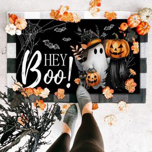 Halloween Door Mat Hey Boo Welcome Mat Scary Entry Rug Non-Slip Rubber Front Doormat Bathroom Home Decor Pumpkin Black Cat Kitchen Floor Mat, Low-Profile Switch Rug Indoor/Outdoor Decor 17x29 Inch