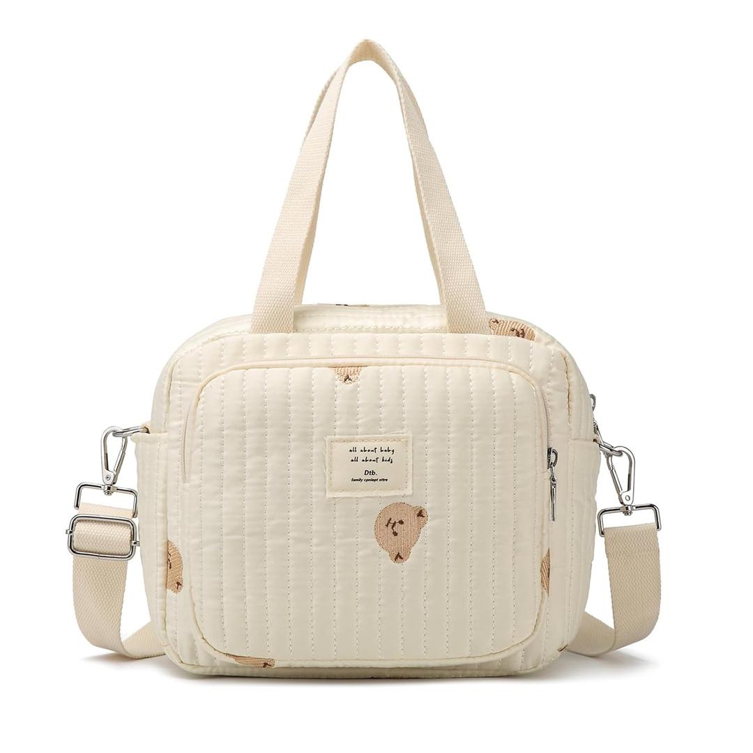 Small Diaper Bag Tote, Crossbody Diaper Bag Mini Purse with 7 Pockets, Travel Baby Bag for Boys & Girls, 2 Bottle Pocket, Off White (Yellow)