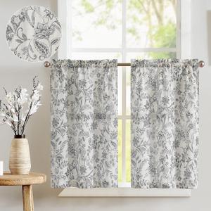jinchan Floral Kitchen Curtains for Windows 36 Inch Linen Tier Farmhouse Cafe Curtains Country Botanic Small Window Rod Pocket Rustic Flax for Laundry Bathroom RV 2 Panels Black on Beige, Size: 26"W x 36"L (Pack of 2)