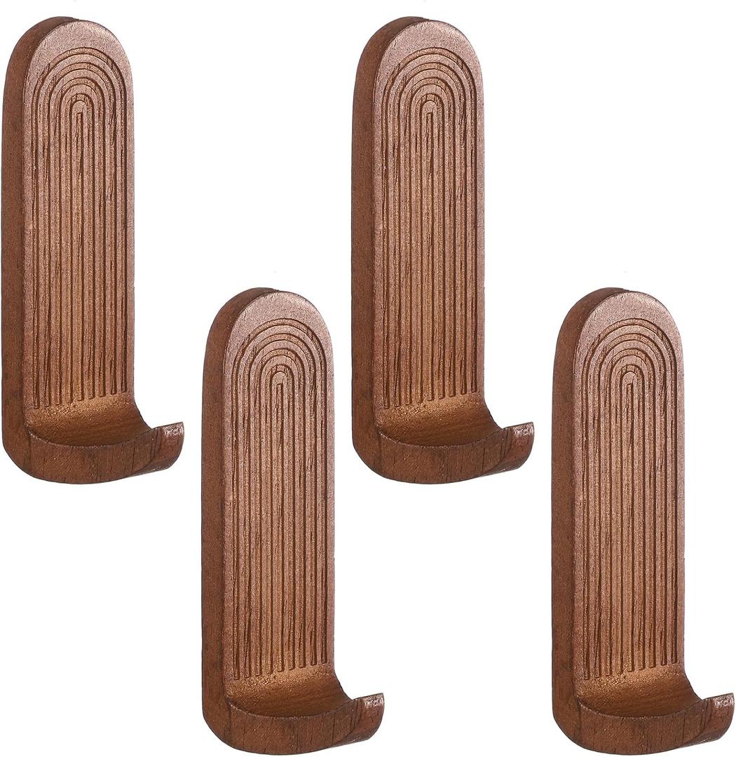 4 Pcs Rainbow Arch Adhesive Wall Hooks Boho Handmade Wooden No Drill Hangers Waterproof Rustproof for Hanging Hat Towels Coats Key Holder Vintage Boho Decor for Kitchen Bedroom(Brown)